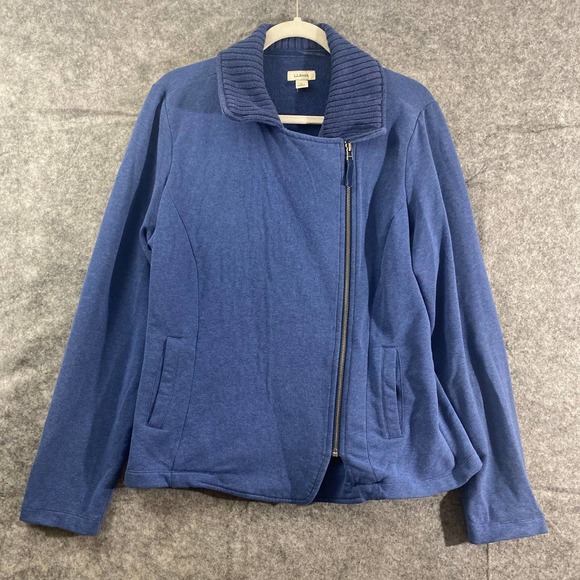 LL Bean Moto Jacket Blue Large Knit Asymmetrical Full Zip Long Sleeve Collared - Picture 2 of 9